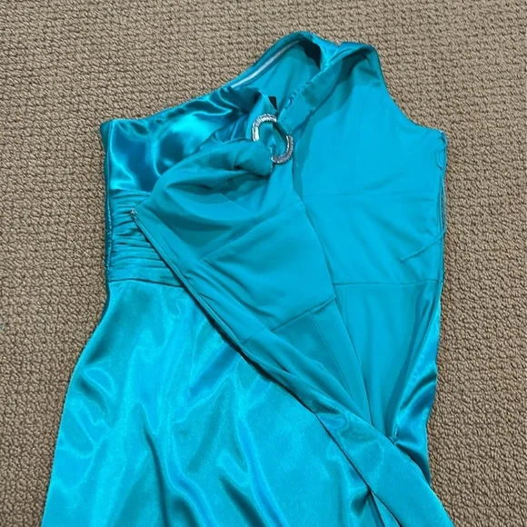 Adrianna Papell Boutique Teal Green Sheath Dress size 14 One Shoulder Satin - Picture 9 of 16